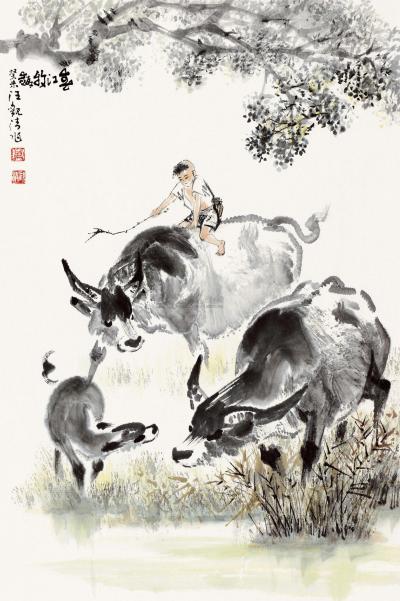 汪观清 癸未（2003）年作 春江牧趣 镜片