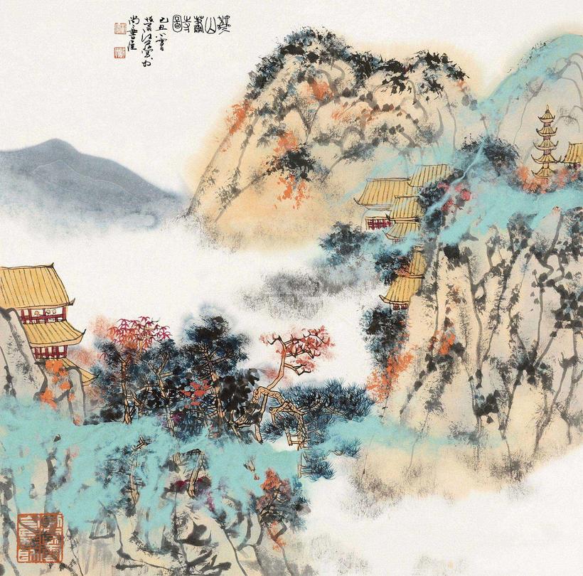 江宏 己丑（2009）年作 秋山萧寺 镜片