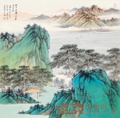 陈翔 辛卯（2011）年作 秋亭会友 镜片 66×66.5cm