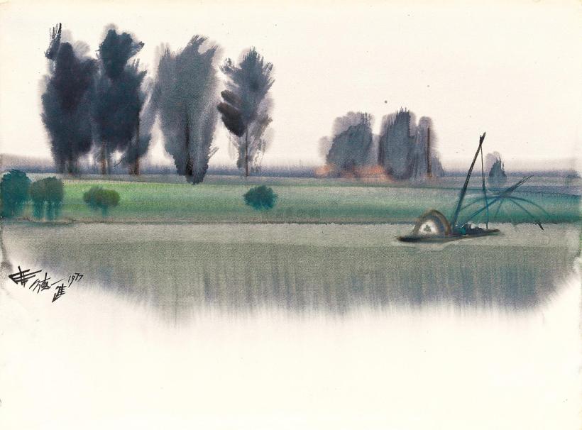 席德进 1977年作 淡水河畔．渔舟与树影