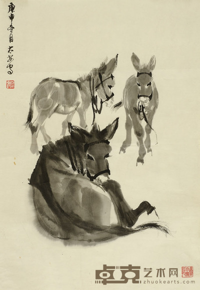 全太安 三驴图 70cm×49cm约3.1平尺