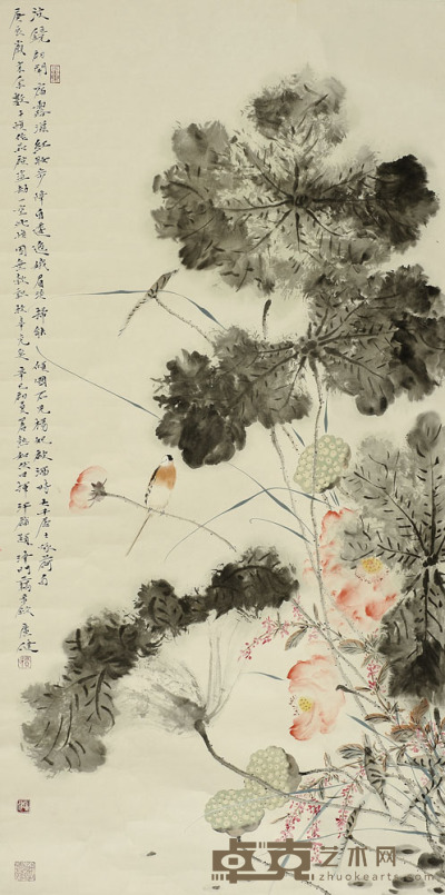 贾广健 荷花翠鸟图 136cm×68cm约8.3平尺