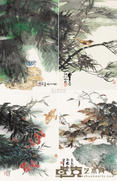 陈佩秋 山禽图 （四幅） 镜片 73×46cm×4