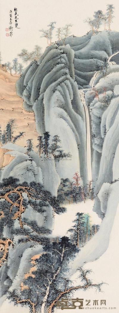 谢稚柳 庚寅（1950）年作 秋山悬瀑 立轴 88×33.5cm