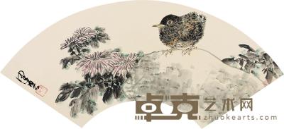 陈佩秋 秋菊小鸟 扇片 18×51cm