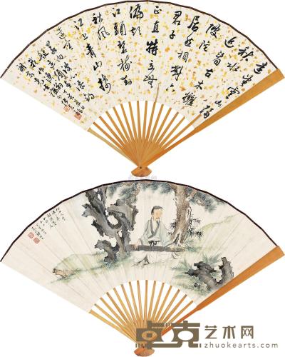 郑慕康 张石园 丁亥（1947）年作 高士抚琴 行书 成扇 18.5×48cm