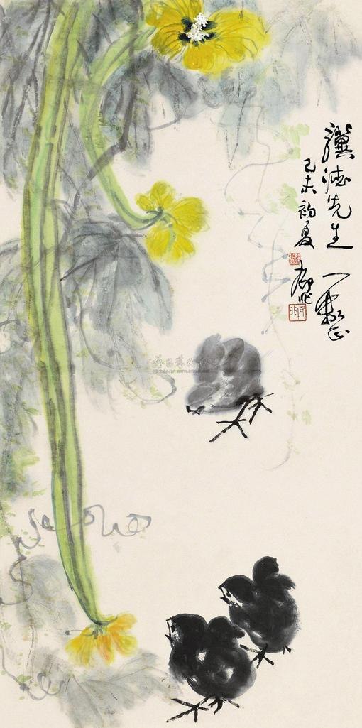陆抑非 己未（1979）年作 丝瓜小鸡 立轴