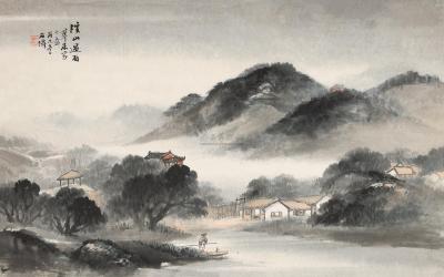 吴石僊 丙午（1906）年作 溪山过雨 立轴