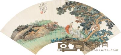 应野平 癸未（1943）年作 松阴高士 扇片 18.5×52cm