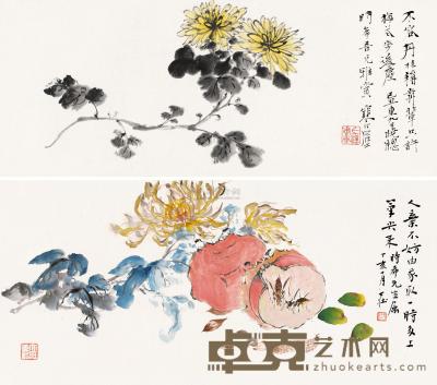 江寒汀 张大壮 丁亥（1947）年作、己丑（1949）年作 秋菊图 秋趣图 （二幅） 镜片 18.5×46.5cm×2