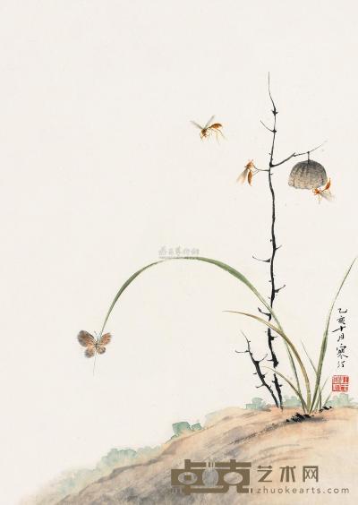江寒汀 乙亥（1935）年作 春郊虫趣 镜片 40×29cm