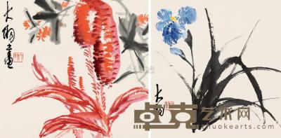 陈大羽 花卉两种 （两幅） 镜片 46.5×43.5cm×2