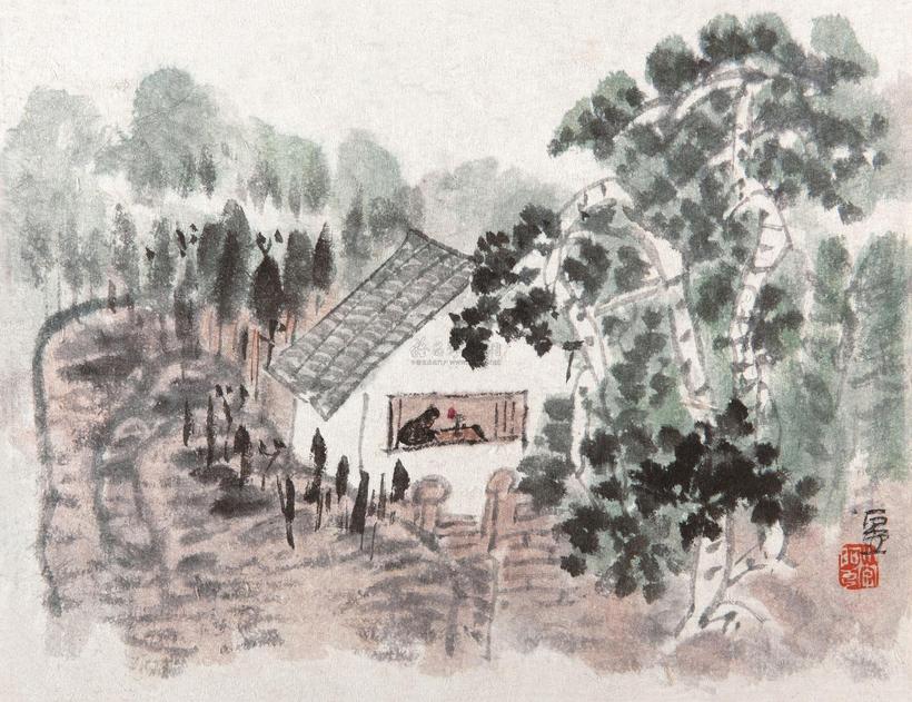 陈子庄 山村夜读 镜心