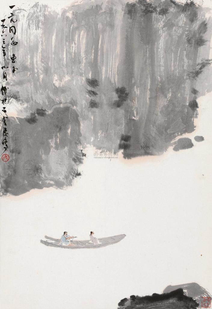 傅抱石 1963年作 江上泛舟图 镜心