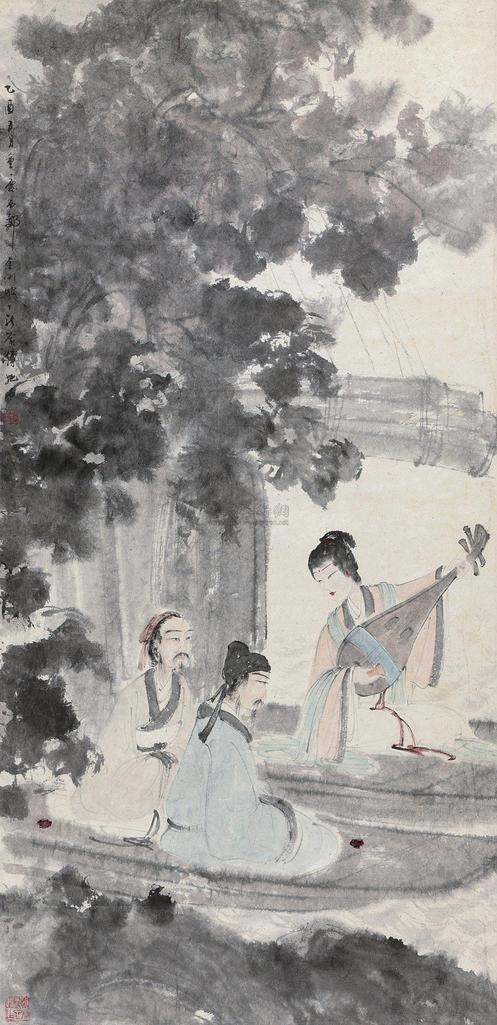 傅抱石 1945年作 抚琴图 立轴