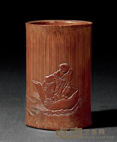 清康熙 竹雕和合二仙图笔筒 9.6×14.9cm