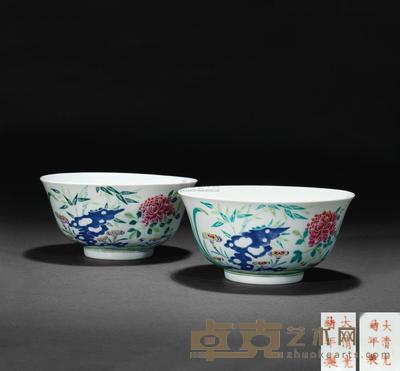 清光绪 粉彩花卉纹碗 （一对） 直径16.5cm×2