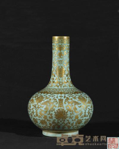 清道光 粉青釉描金福寿花卉纹荸荠瓶 高27.5cm