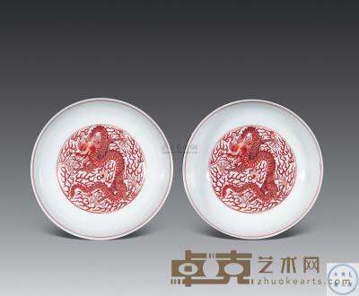 清雍正 矾红云龙团寿纹盘 （一对） 直径15.8cm；直径16cm