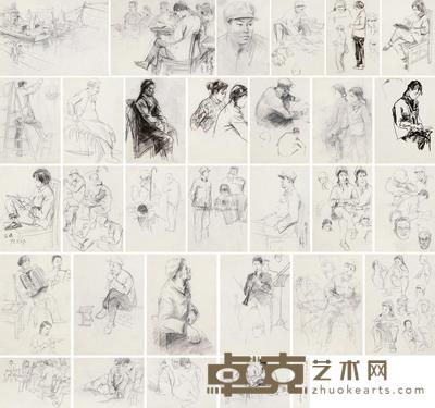 何家英 人物素描 册页 (七十二开选三十) 25.5×18cm×72