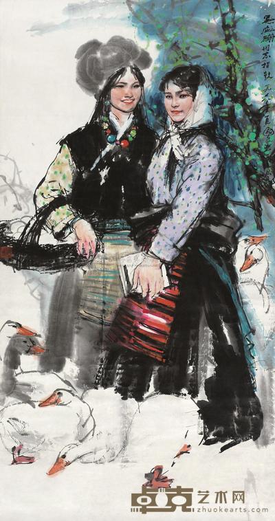 史国良 1978年作 喂鸭图 立轴 133×69cm