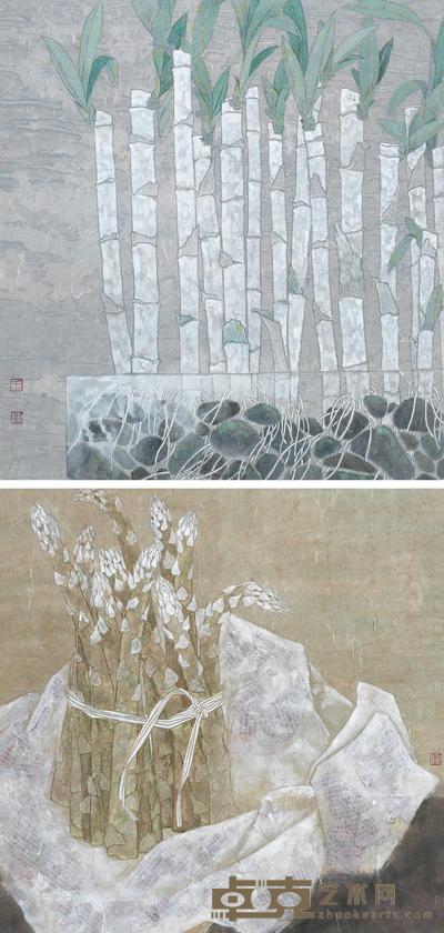 王晖 2010年作 笋一把 竹两棵 镜心 40×39cm×2