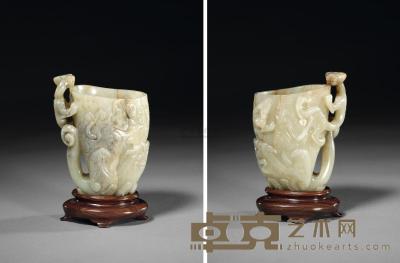 明 玉雕螭龙纹觥式杯 长11.1×宽9.3cm