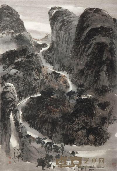 吕寿琨 1963年作 峡口奔流 立轴 84×58cm