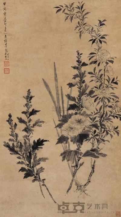 王宸 1794年作 花开富贵 立轴 82×45cm