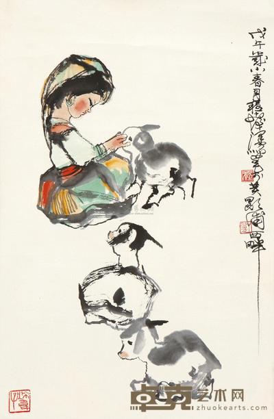 程十发 1978年作 少女与鹿 立轴 64.5×42cm