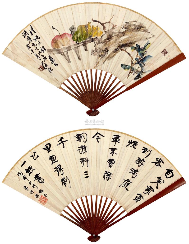 丁二仲 1930年作 花果 行书 成扇