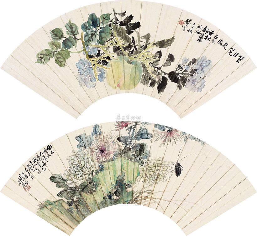 舒浩 刘照 小园东角 秋菊共赏 （二件） 扇片