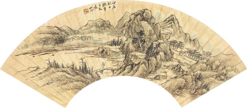 汤贻汾 1844年作 山居 扇片镜框