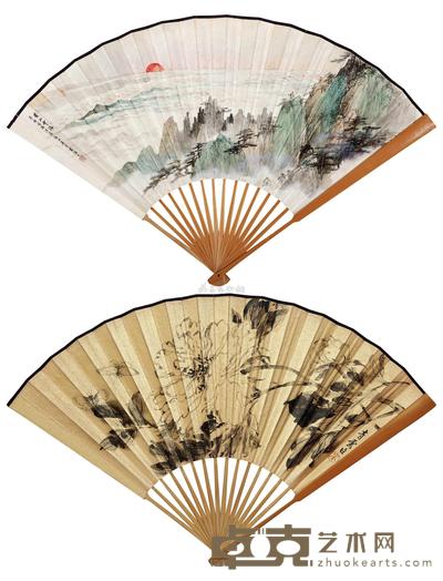 吴青霞 黄山云海 国色天香 成扇 19×48.7cm