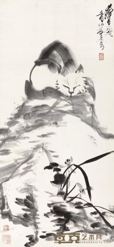 黄胄 1967年作 睡猫图 立轴 95.5×44.5cm