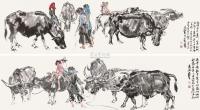 黄胄 1985年作 五牛人物图 （两件） 镜心