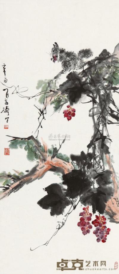 王雪涛 1981年作 松鼠葡萄 立轴 88.8×38.6cm
