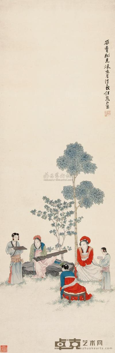 任熊 1851年作 仕女弦弹赏桂图 立轴 130.3×42.2cm
