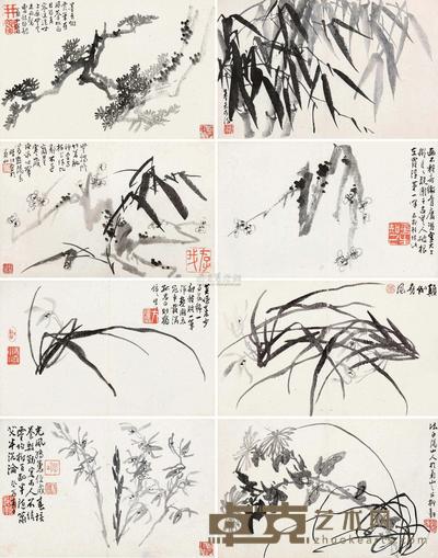 李方膺 1753年作 梅兰竹菊松册 册页 （八开） 24.5×38.2cm×8