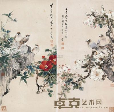 颜伯龙 1942年作 花鸟 （二件） 镜心 69×34cm×2