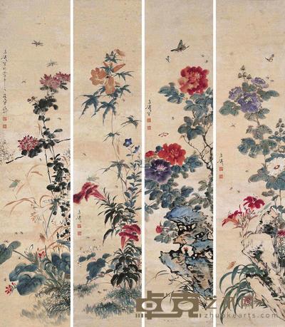 王雪涛 花卉草虫 四屏 134×28cm
