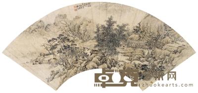 方洺 1922年作 竹林幽居图 扇面片 17.5×51cm