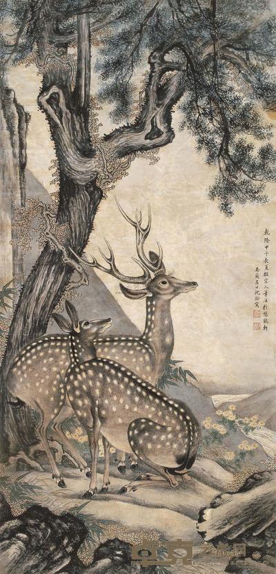 沈铨 1744年作 柏鹿 立轴 181×87.5cm