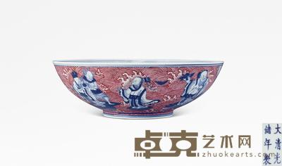 清光绪 胭脂料海水青花八仙人物纹碗 直径22cm