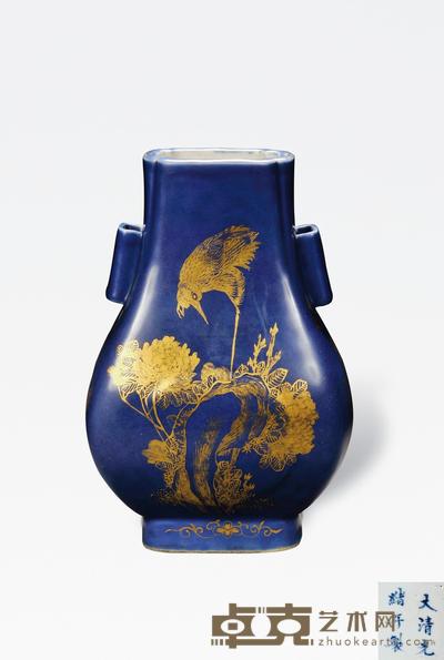 清光绪 霁蓝釉描金花鸟纹贯耳瓶 高30cm