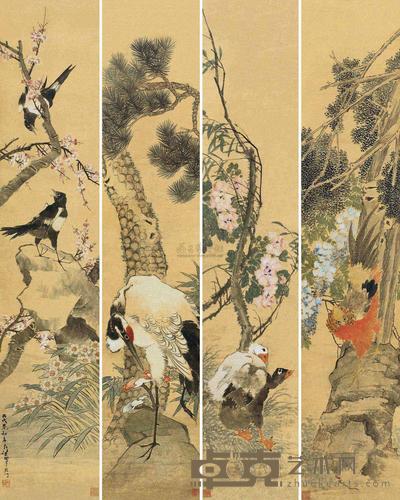 任薰 丙戌(1886)年作 瑞禽图 (四幅) 屏轴 161×32cm×4