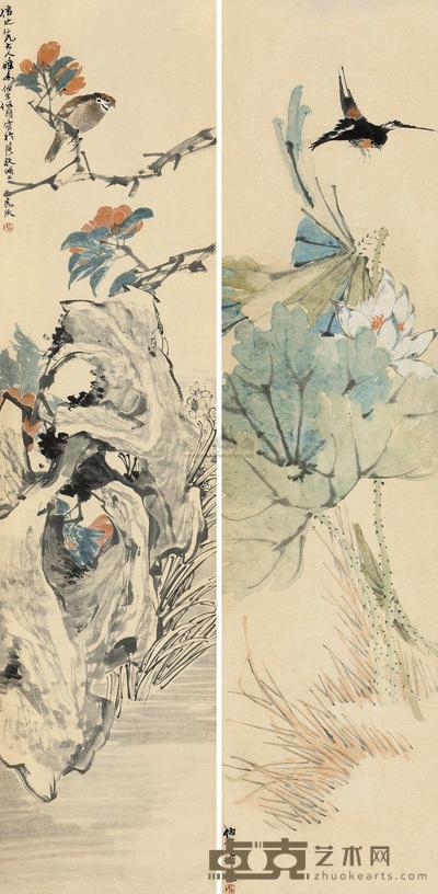 任伯年 鸟语花香 (两幅) 屏轴 133×32cm×2