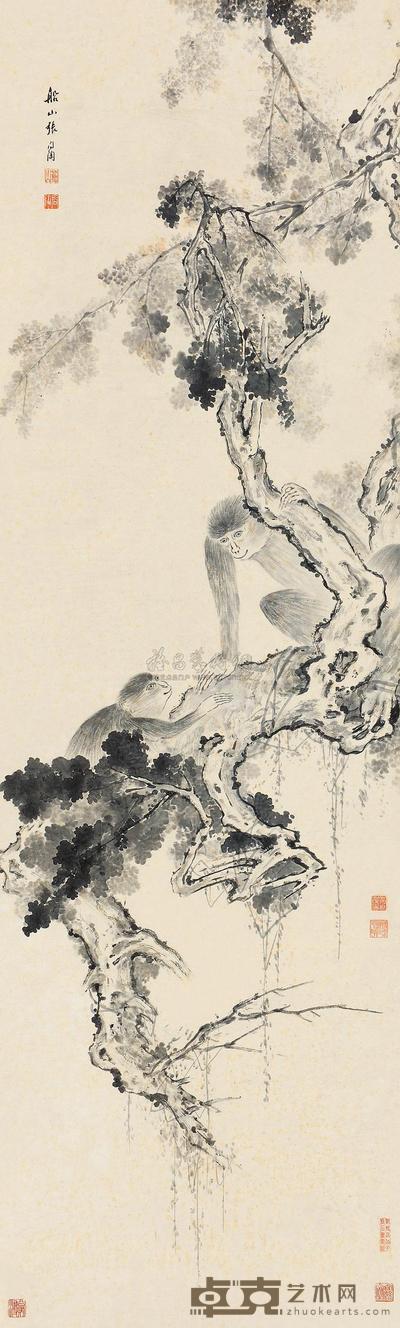张问陶 古柏双猿 立轴 169×51.5cm
