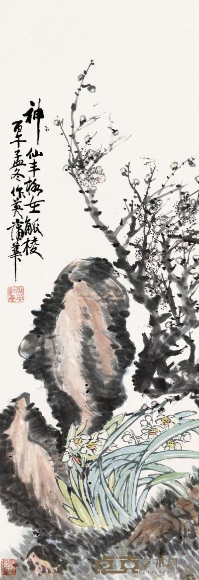 蒲华 丙午（1906）年作 水仙寿石 镜片 120.5×41.5cm