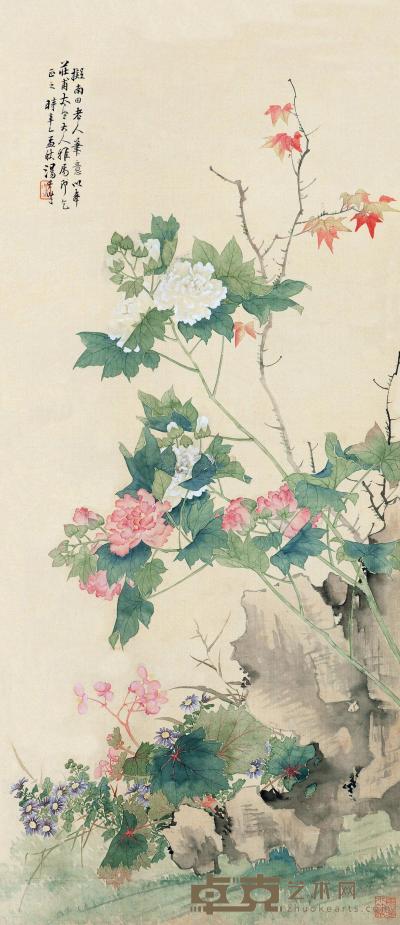汤世澍 辛巳（1881）年作 秋卉争妍 立轴 115×50cm
